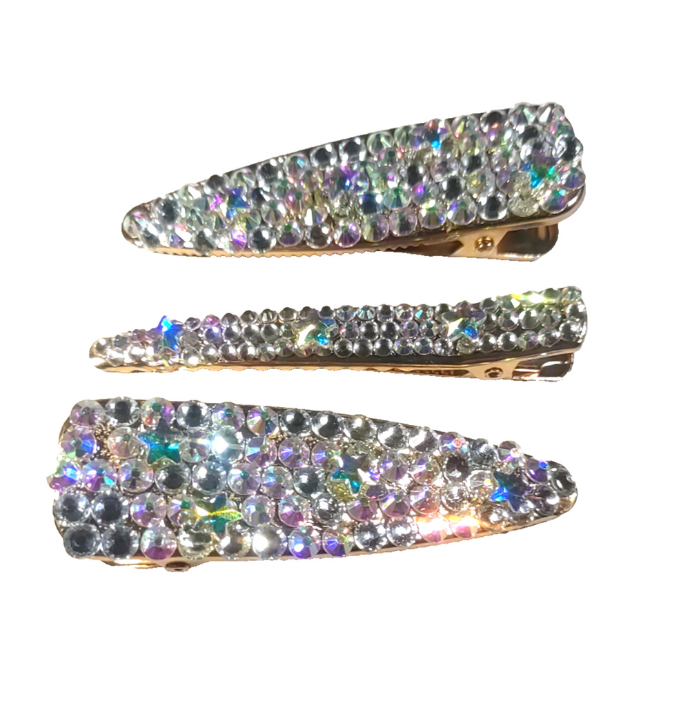 Lot Of 3 Hair Barrette Clips Gold Tone Rhinestone Sparkles Party
